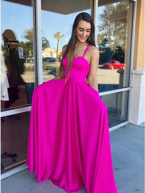 A-Line Spaghetti Straps Floor-Length Fuchsia Prom Dress with Pockets    cg22352