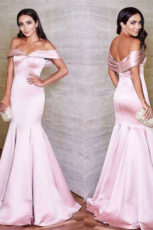 Blush Pink Satin Mermaid Prom Dresses Off The Shoulder   cg22353