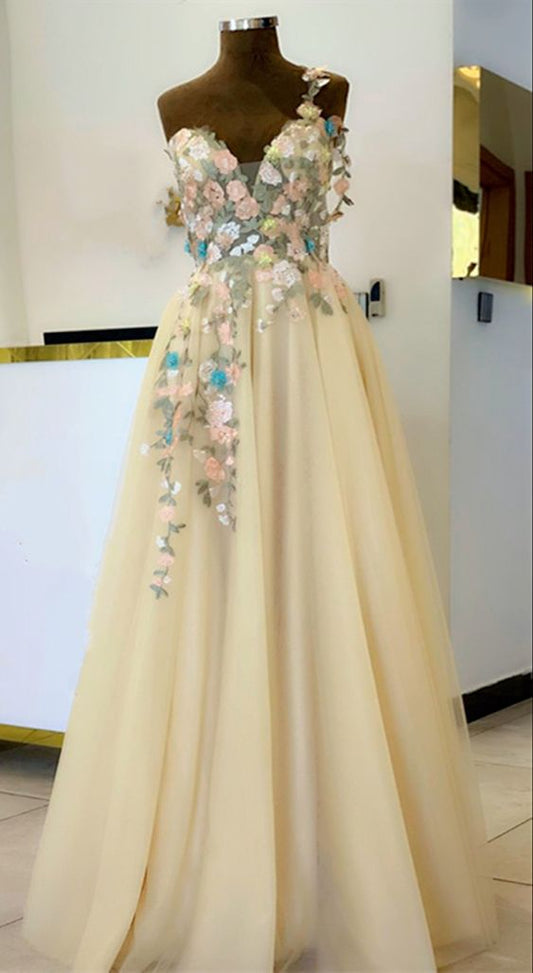 One shoulder prom dresses elegant tulle formal evening gown with 3d flowers    cg22357