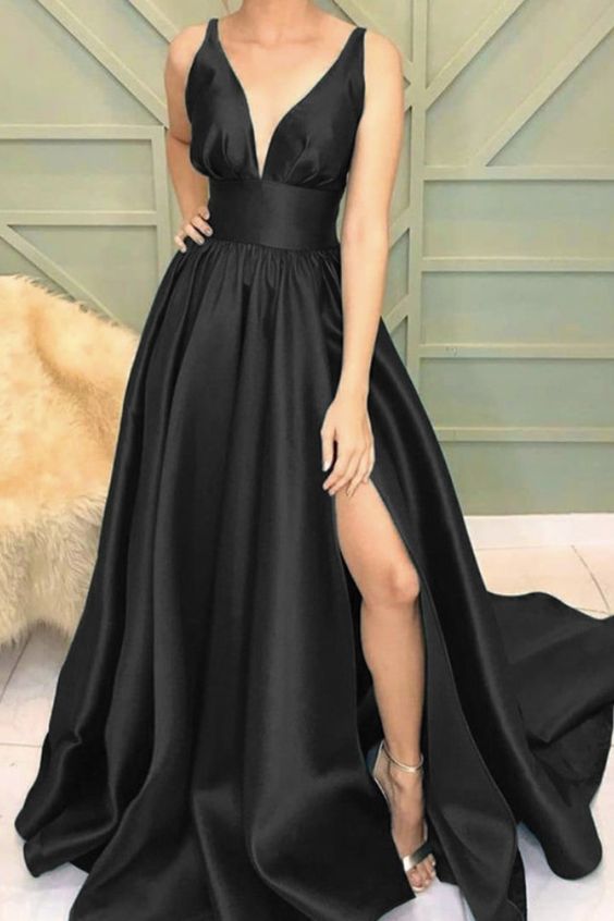 black satin split prom dresses    cg22359