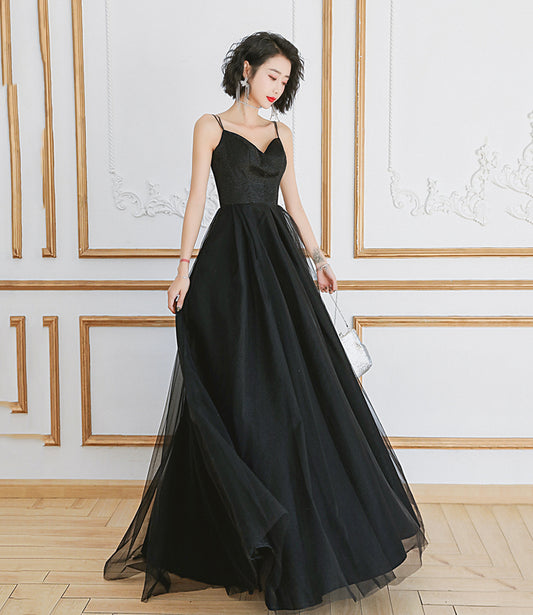 BLACK TULLE LONG A LINE PROM DRESS EVENING DRESS    cg22361