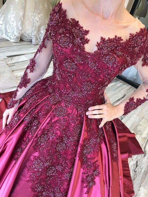 Ball Gown Long Sleeves Burgundy Satin Beads Prom Dresses with Applique classygown Ball Gown Long Sleeves Burgundy Satin Beads Prom Dresses with Applique classygown
