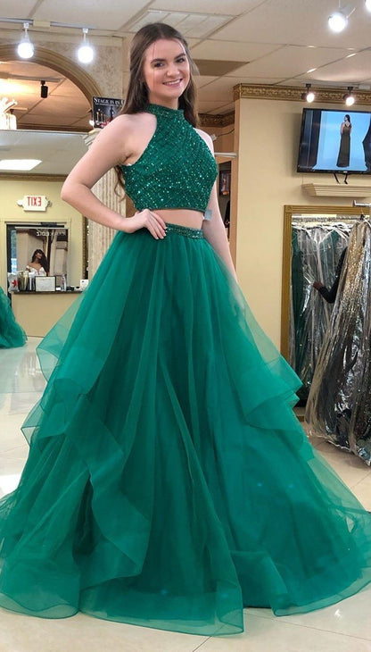 Ball Gown Two Pieces Green Prom Dress with Tiered Skirt cg2237