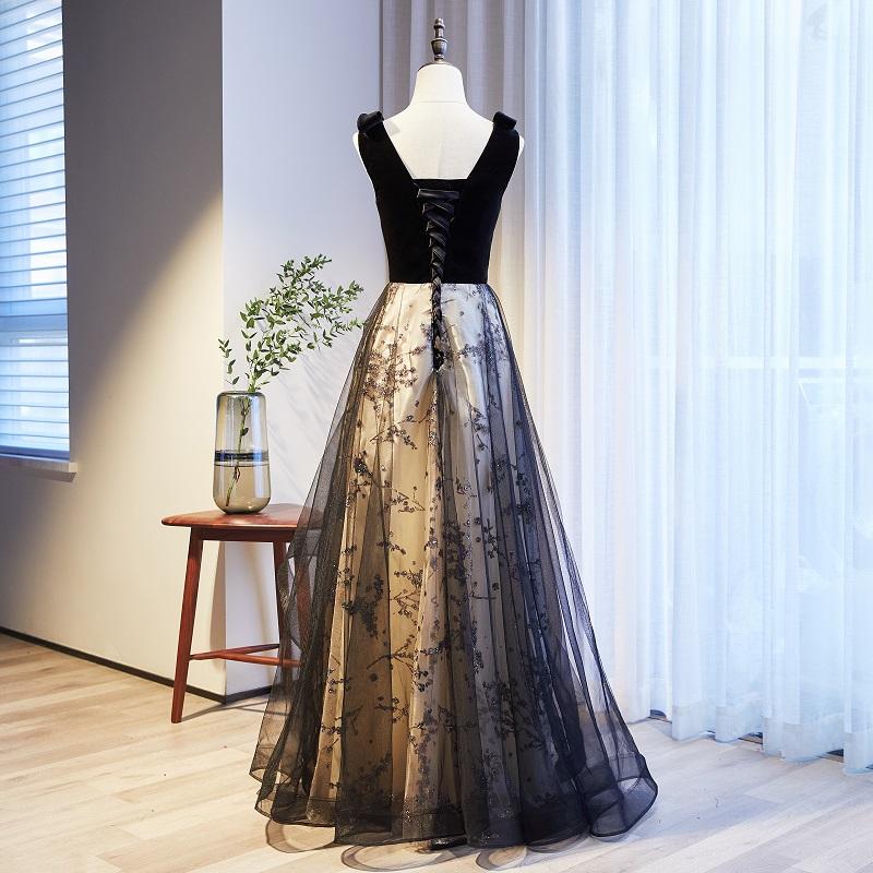 Black V-Neckline Velvet And Tulle New Style Prom Dress, Black Party Dress Evening Dresss    cg22378