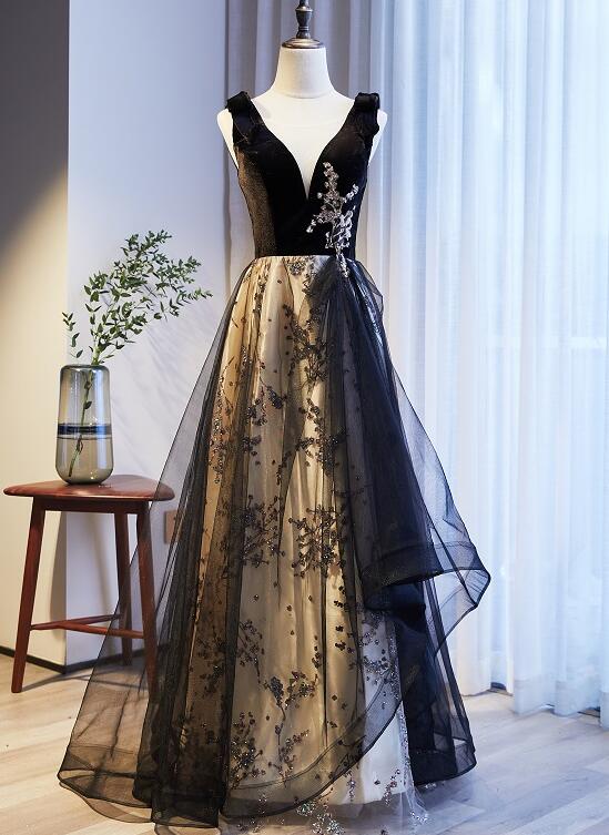 Black V-Neckline Velvet And Tulle New Style Prom Dress, Black Party Dr classygown Black V-Neckline Velvet And Tulle New Style Prom Dress, Black Party Dr classygown