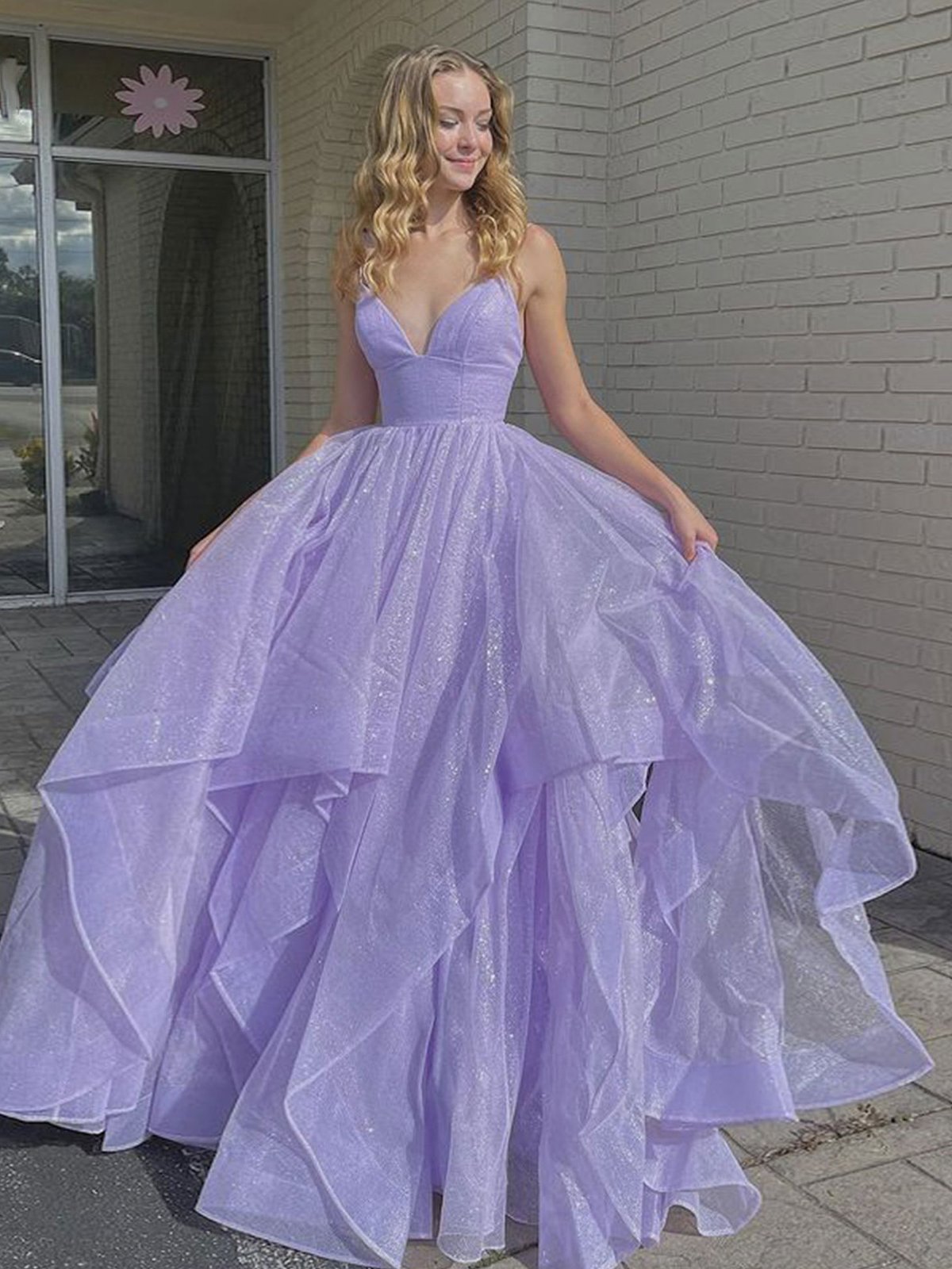 Purple v neck tulle long prom dress purple evening dress    cg22380