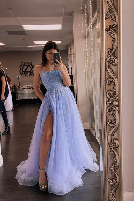 BLUE TULLE BEADS LONG A LINE PROM DRESS EVENING DRESS   cg22382