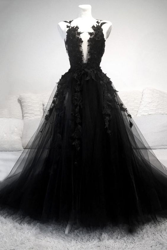 Black V Neck Lace Long Prom Dress A Line Evening Dress    cg22385
