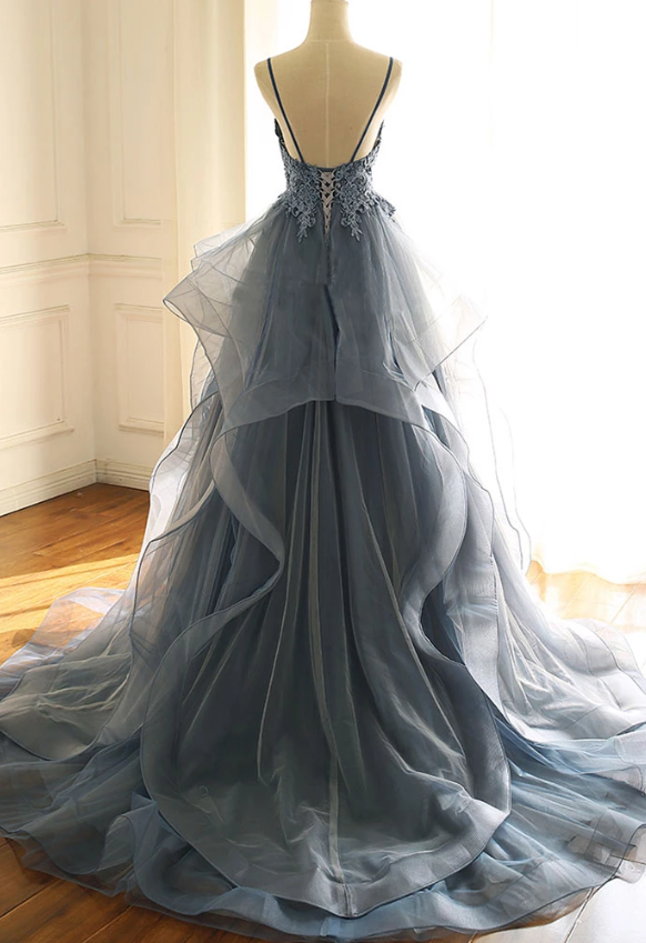Blue v neck lace tulle long prom dress, evening dress cg2240