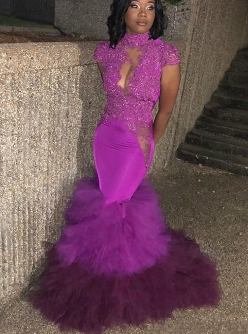 Purple Cap Sleeves High Neck Sequins Lace Appliques Mermaid Prom Dress    cg22406