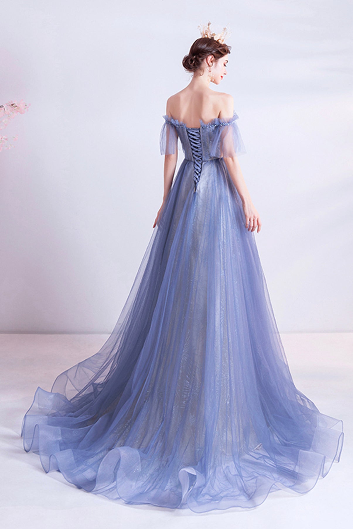 BLUE TULLE LACE LONG A LINE PROM DRESS EVENING DRESS    cg22410