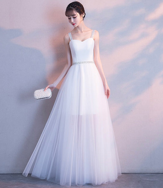 WHITE TULLE LONG A LINE PROM DRESS WHITE EVENING DRESS    cg22411