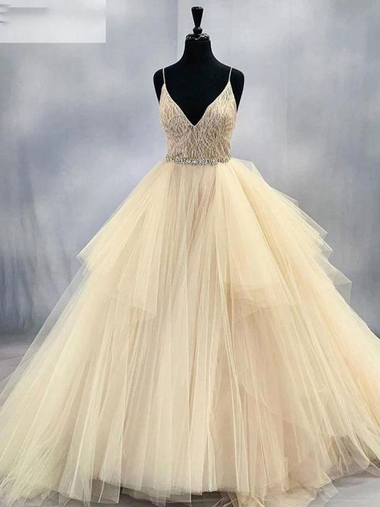 Tulle Lace Beading V-Neck Spaghetti Straps Sleeveless Floor-Length Ball Gown prom dress Wedding Dress   cg22417