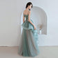 Unique A-Line Long Straps Tulle Layers Green And Pink Evening Dress, Long Prom Dress Party Dress   cg22428