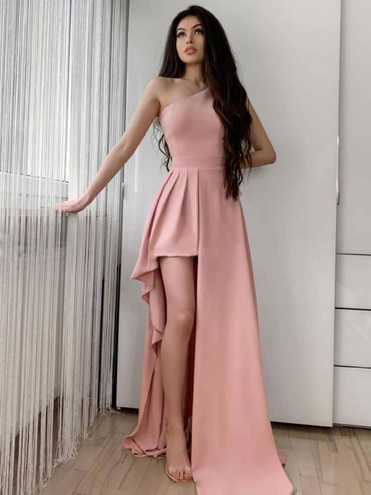 Simple pink one shoulder long prom dress pink evening dress   cg22433