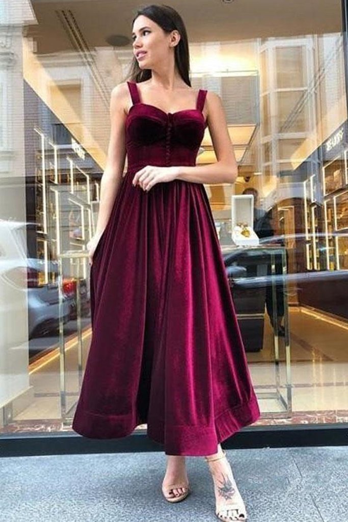 Sweetheart Neck Maroon Velvet Ankle Length Prom Dress     cg22442