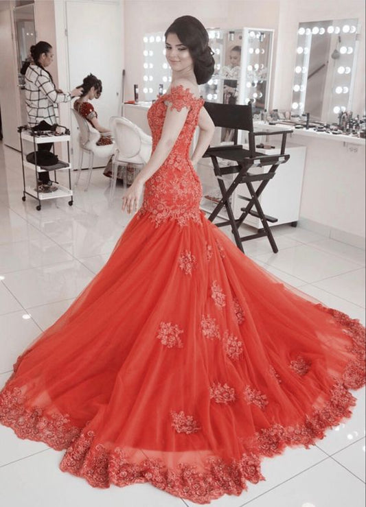 Orange mermaid prom dresses elegant lace off the shoulder evening gown for school events    cg22451
