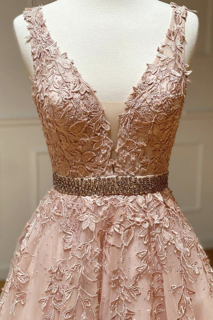 Pink v neck lace long A line prom dress evening dress    cg22460