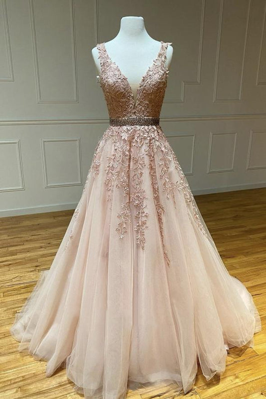 Pink v neck lace long A line prom dress evening dress    cg22460