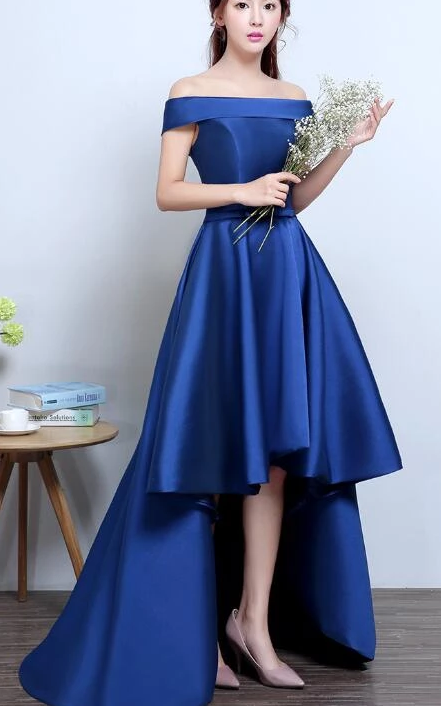 Blue High Low Homecoming Dress, Simple Satin Lace-Up Formal Dress cg2247