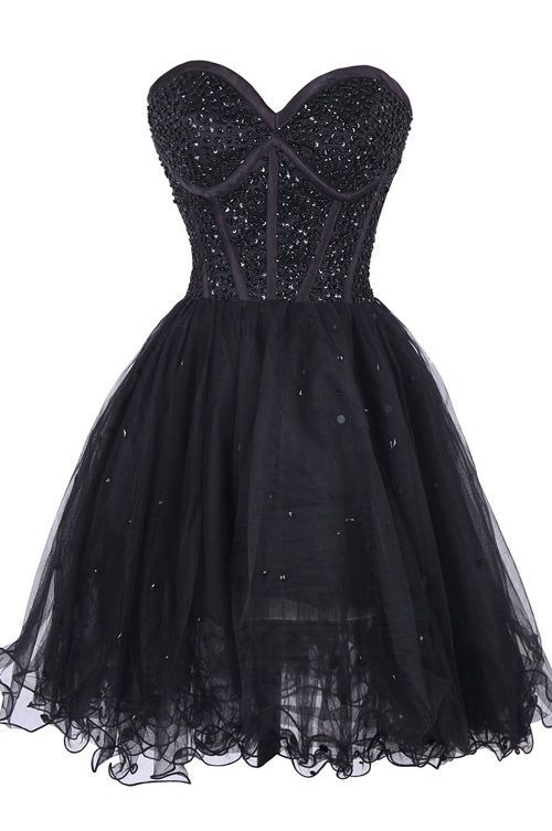 Black Beaded Embellished Sweetheart Short Tulle Homecoming Dress     cg22497