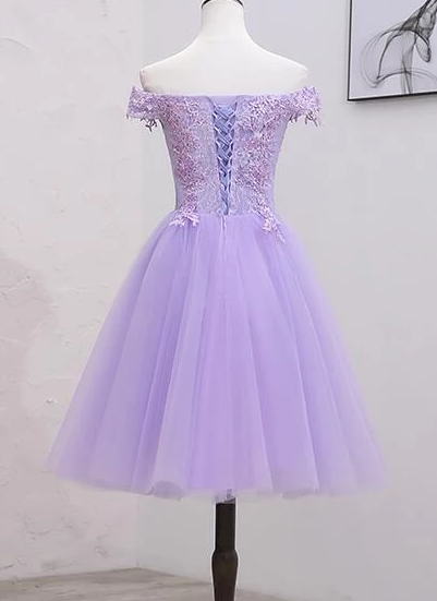 Light Purple Lace And Tulle Off The Shoulder Homecoming Dress, Short Party Dress cg2250