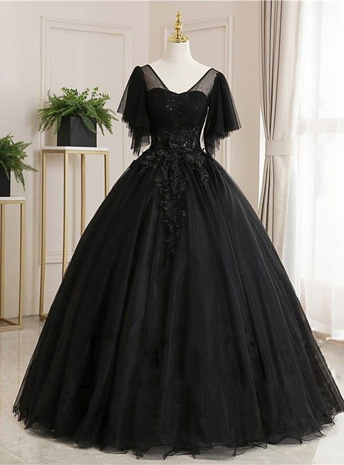 Ball Gown Luxurious Floral Quinceanera Prom Dress Scoop Neck Short Sleeve Floor Length Tulle with Pleats Embroidery   cg22518