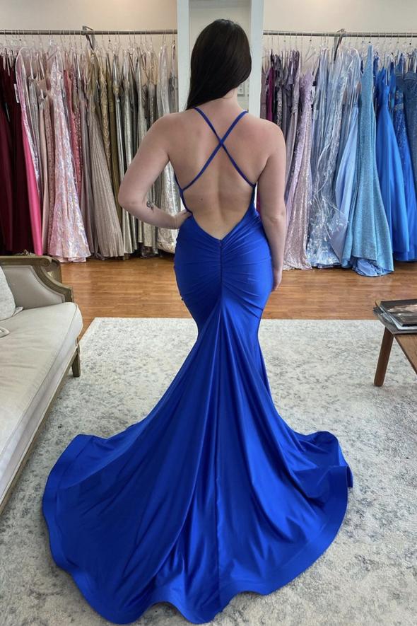 Blue long v neck prom dress mermaid evening dress    cg22520