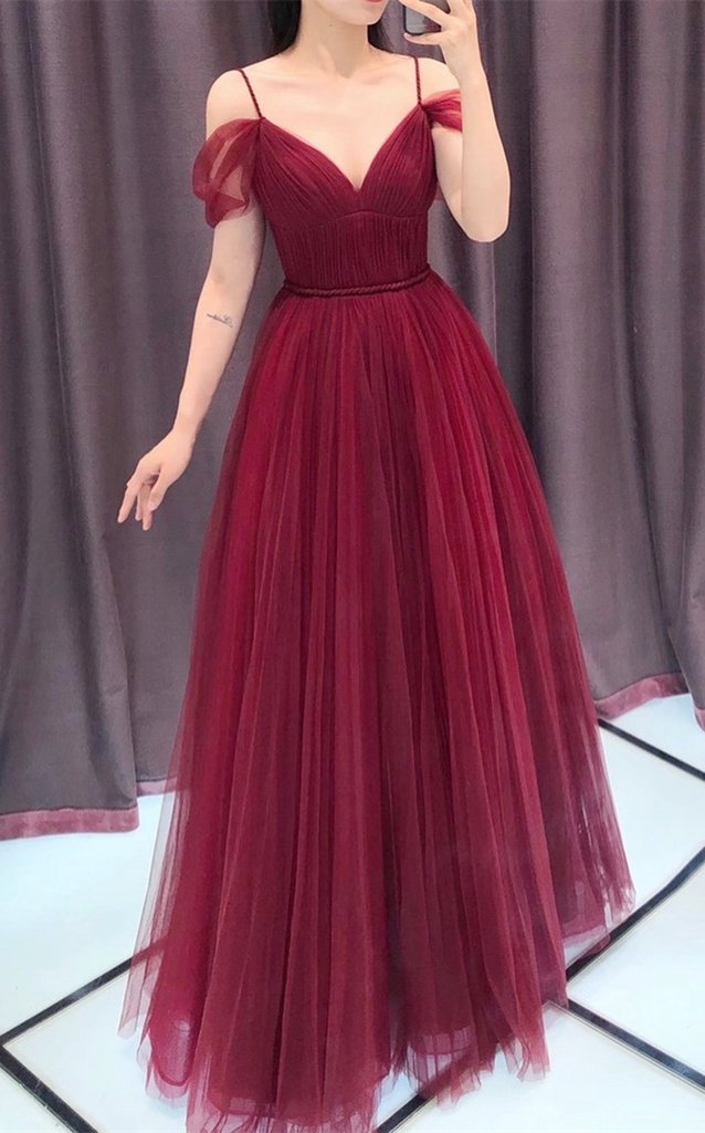 Wine Red Straps Off Shoulder A-Line Tulle Evening Dress Party Dress, Dark Red Prom Dress Formal Gown   cg22521