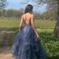 GRAY BLUE V NECK TULLE LACE LONG PROM DRESS BLUE FORMAL DRESS   cg22522