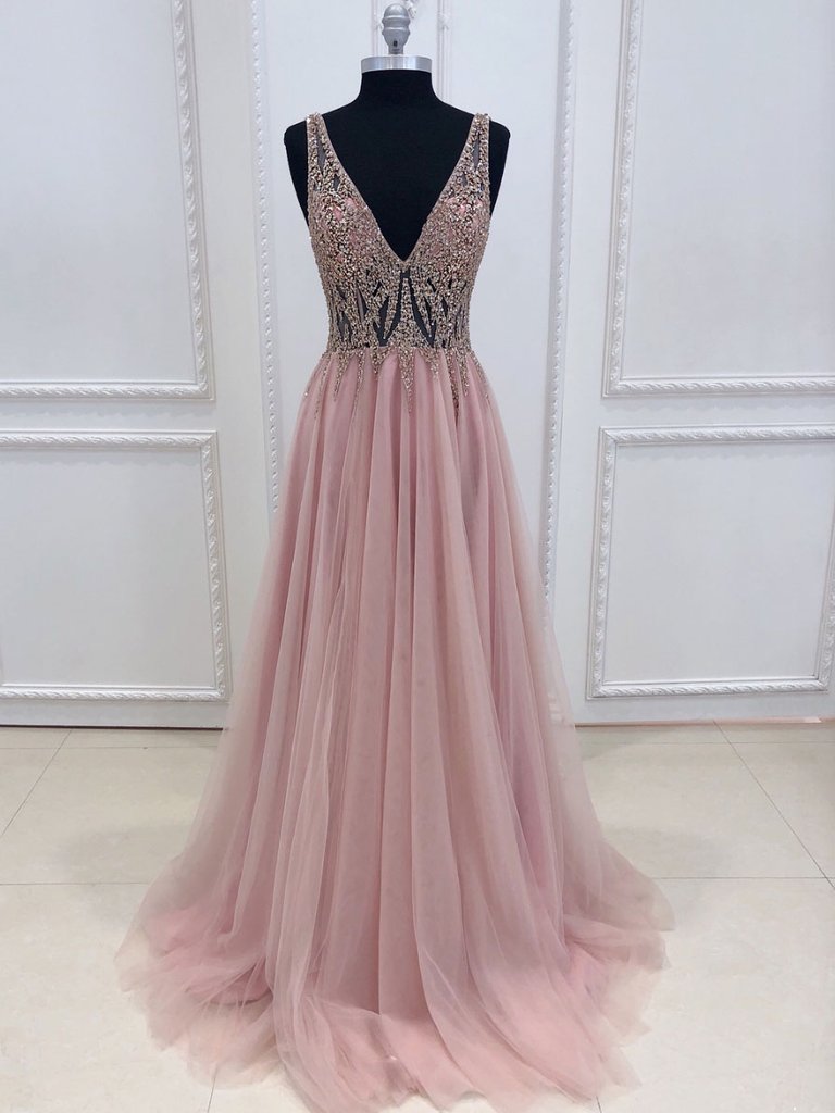 PINK V NECK TULLE BEADS LONG PROM DRESS PINK FORMAL DRESS    cg22524