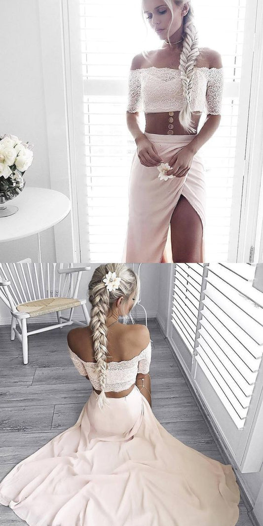 two piece long prom dress, off the shoulder long prom dress, pink prom dress with slit     cg22537