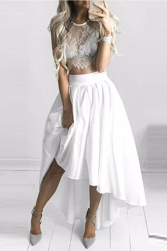 Classy White Two Pieces Lace High Low Homecoming Dresses    cg22538