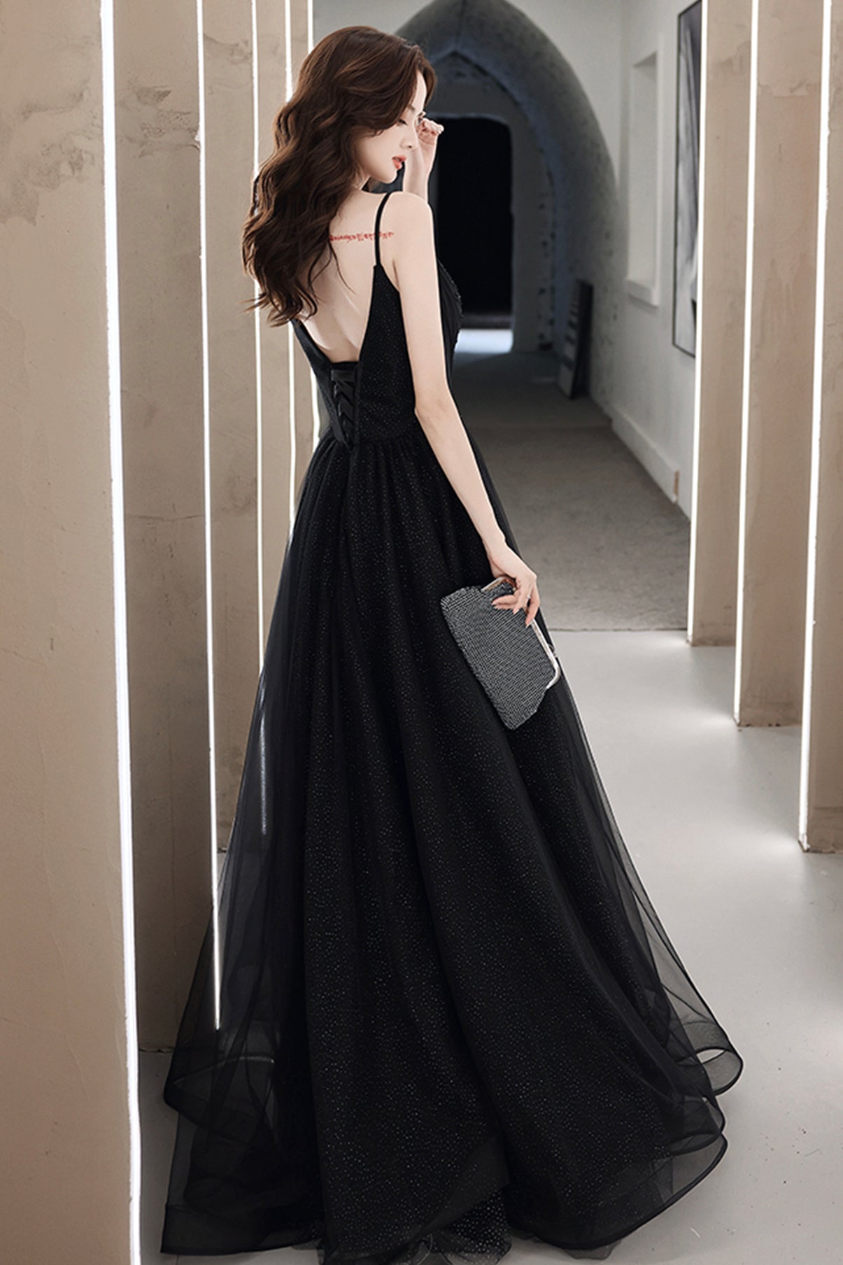 BLACK TULLE LONG A LINE PROM DRESS EVENING DRESS    cg22554