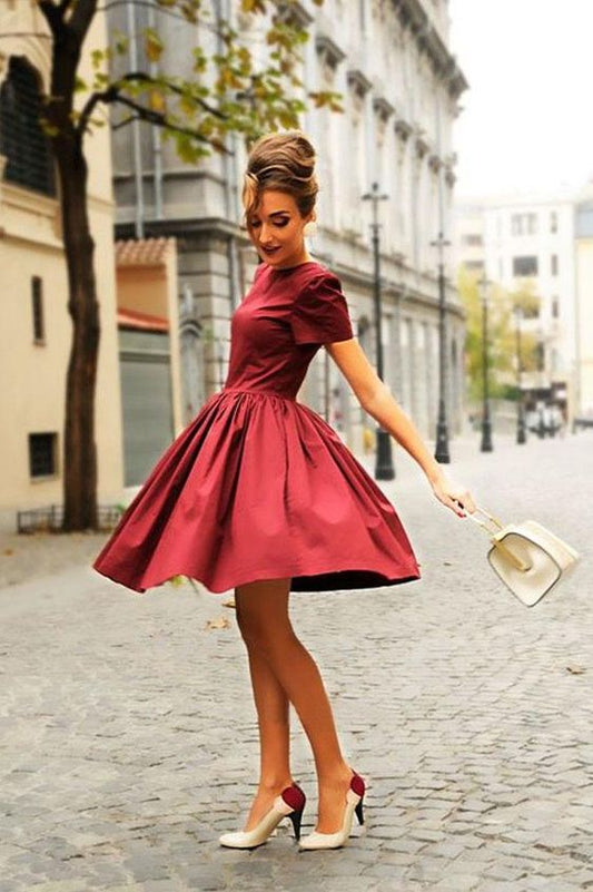 Cute A Line Short Sleeves Burgudny Homecoming Dresses, Elegant Evening Dresses cg2256