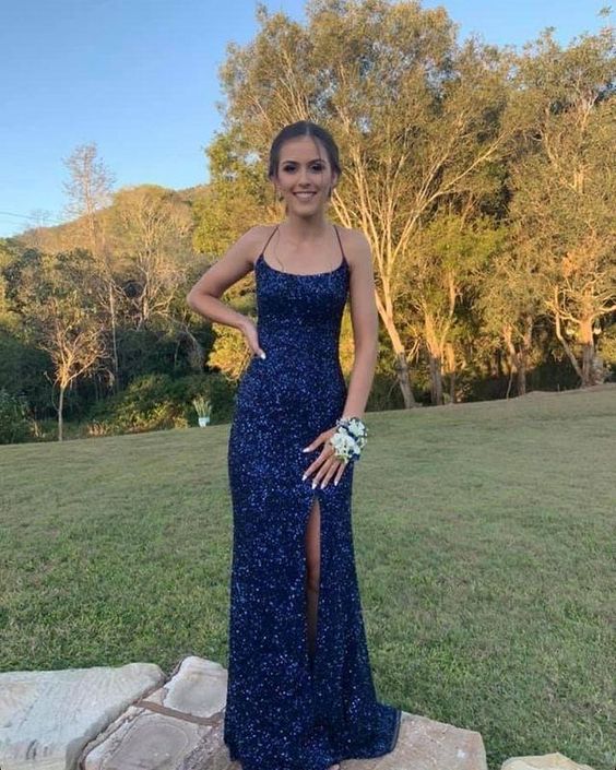 Navy Blue Sequin Long Prom Dresses Mermaid Cross Back Evening Party Dresses      cg22563