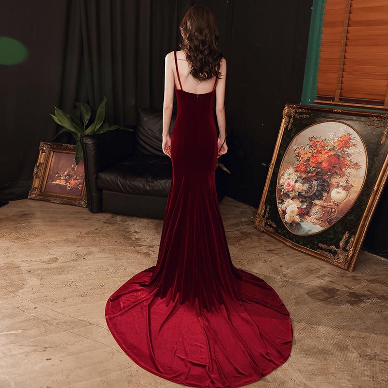 Charming V-Neckline Mermaid Velvet Evening Gown Wedding Party Dress, Dark Red Long Prom Dress     cg22572