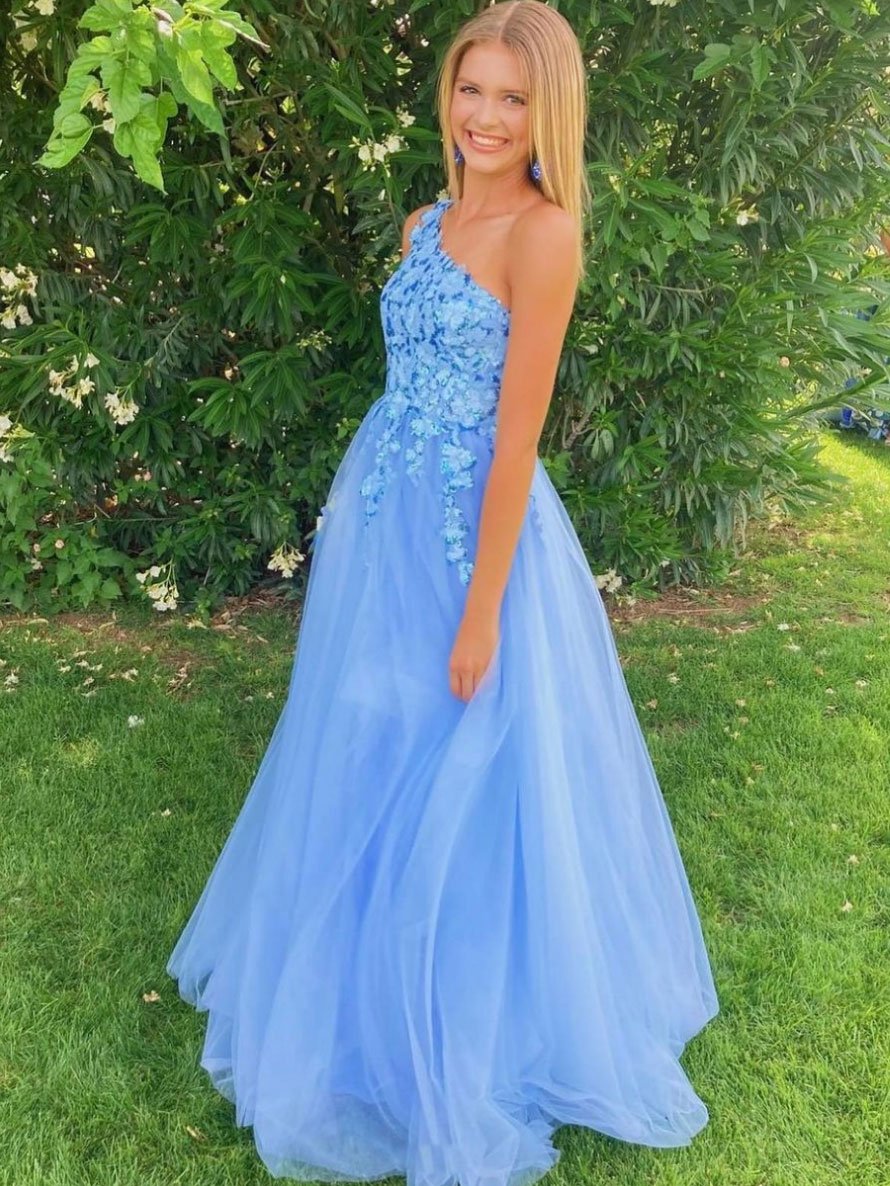 Blue one shoulder sequin tulle long prom dress blue evening dress     cg22574