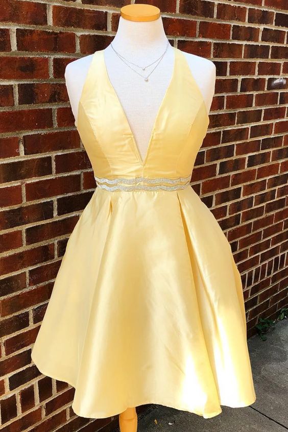 V Neck Yellow Homecoming Dresses Party Dresses cg2258