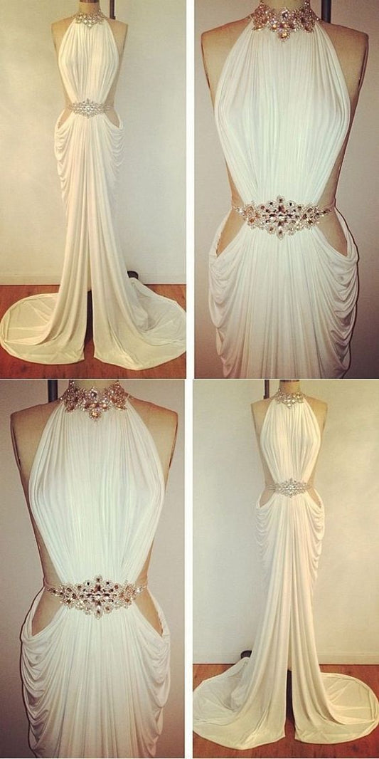 Sexy Prom Dresses Sheath Column High Neck Rhinestone Long White Prom Dress      cg22581