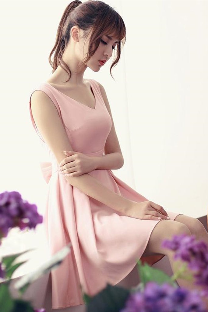 Cute V Neck Open Back Pink Satin Short Homecoming Dress, V Neck Pink Formal Graduation Evening Dress   cg22584