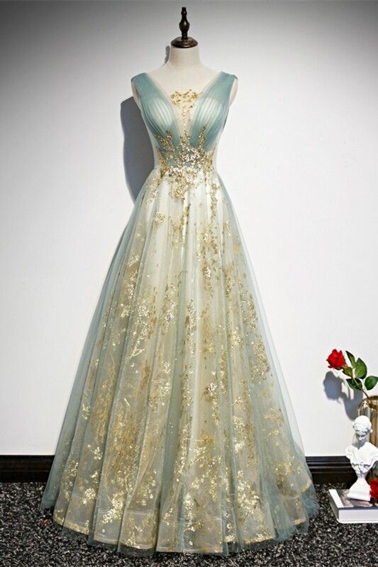 Prom Dresses  A-line Green and Gold Sequins Long Formal Dress     cg22607