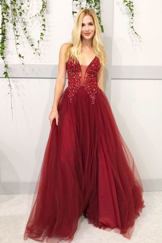 Burgundy v neck lace tulle long prom dress, burgundy evening dress       cg22625