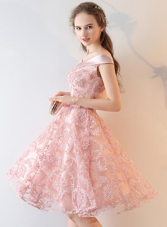 Pink Lace Off Shoulder Short Party Dress Homecoming Dress   cg22641