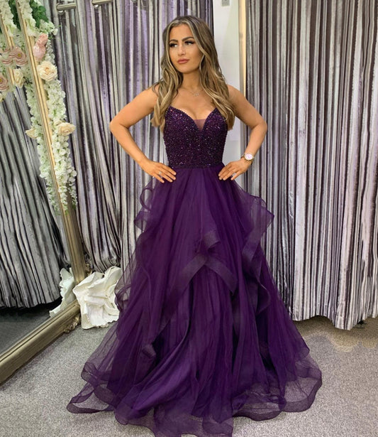 PURPLE TULLE LONG A LINE PROM DRESS WITH BEADS      cg22643