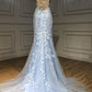 Light Blue Tulle Lace Appliques Long Mermaid Prom Dress, Open Back Party Dress     cg22659
