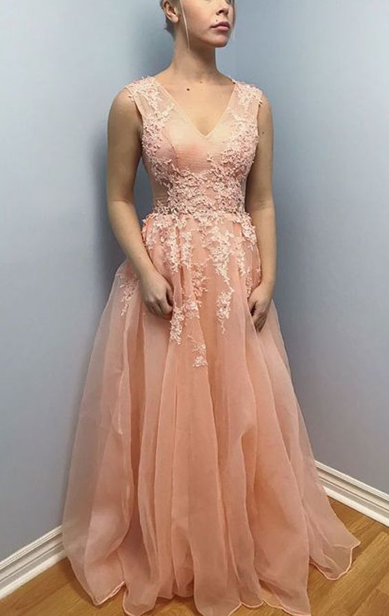 Straps V Neck Lace Organza Long Prom Dress Peach Formal Evening Gown       cg22688