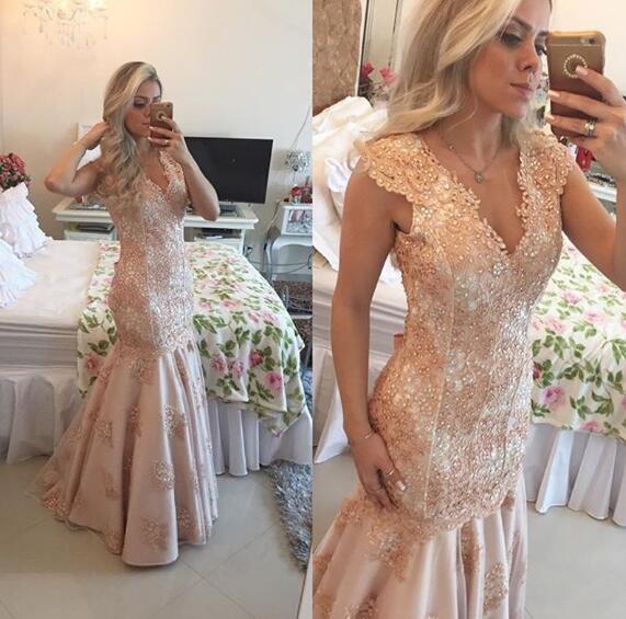 Pink Evening Dress, Lace Applique Mermaid, Modest Evening Dress, Deep V Neck ,Elegant Evening Dresses     cg22707