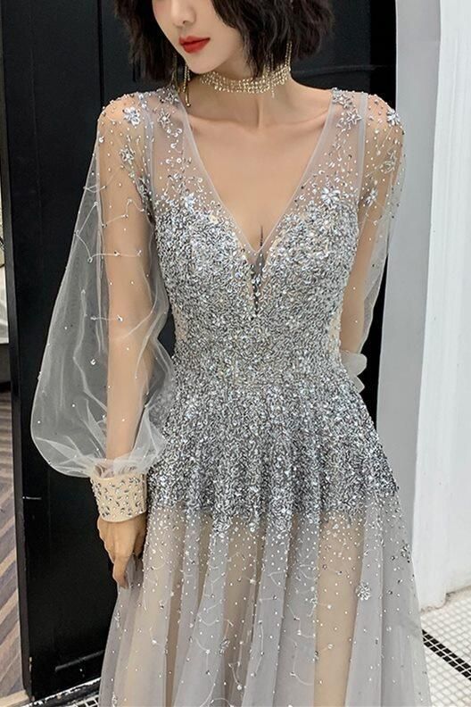 Luxurious Long Sleeves Silver Sequins Long Prom Dress    cg22719