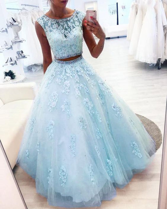 New Arrival Blue Two Pieces Tulle Beaded Ball Gown Prom Dresses      cg22724